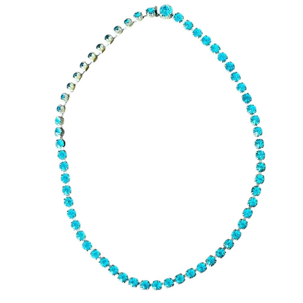 Vintage Silver-Tone Aquamarine Blue Rhinestone Crystal Necklace 16"